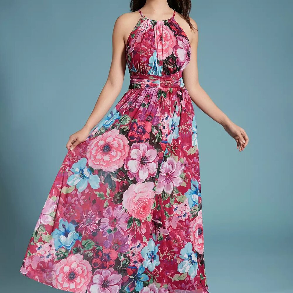 Women's London Times Floral Halter Ruched Maxi Dress